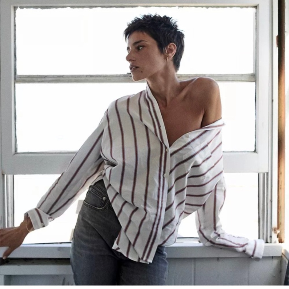 Madewell White Button-Down Shirt with Burgundy Stripes
